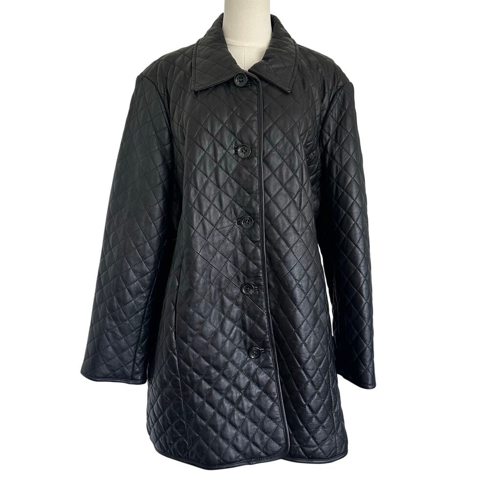 Neiman Marcus 2X Quilted Lamb Leather Car Coat Black Button Front Jacket Plus Sz